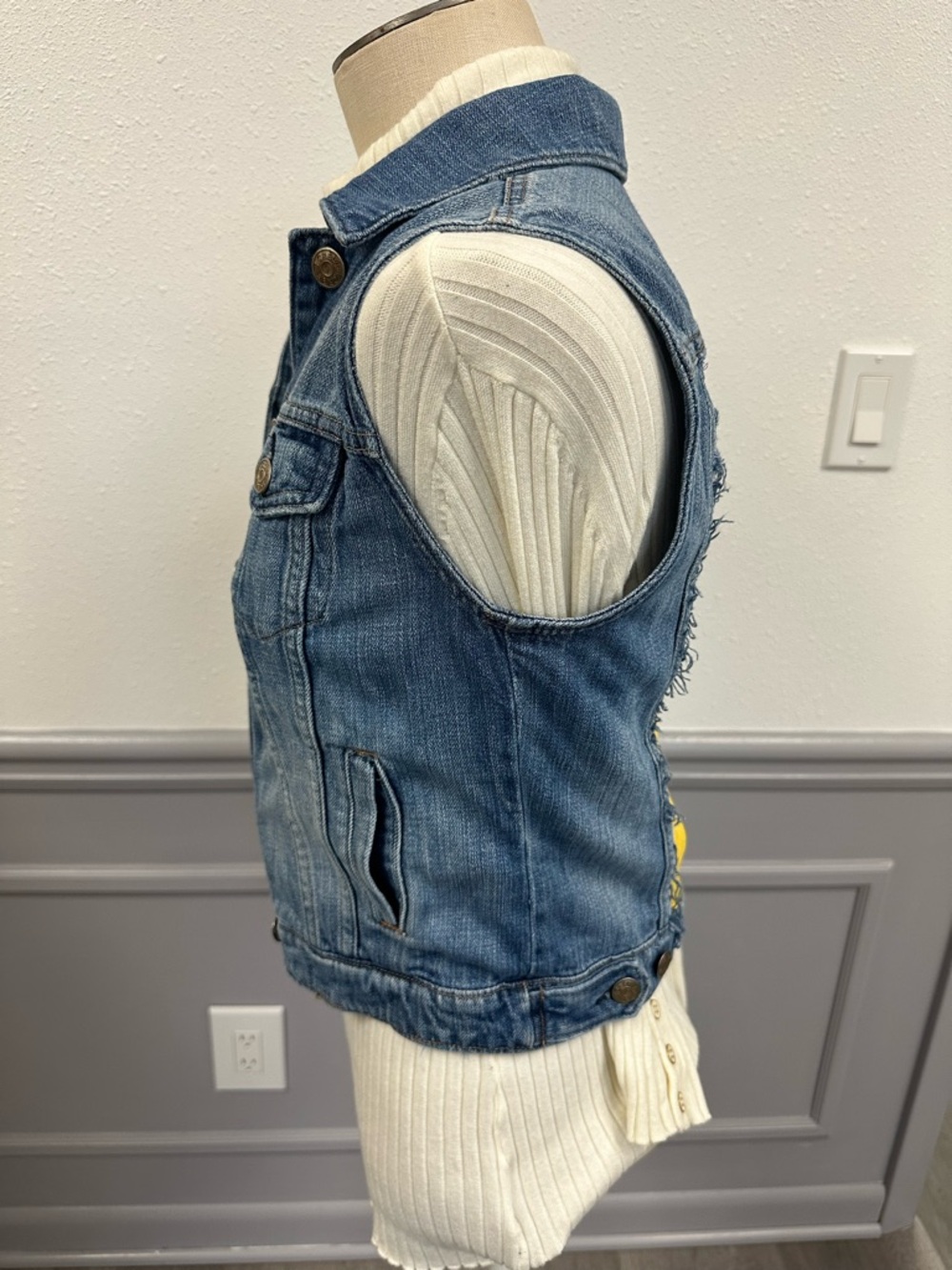J Crew Classic Blue Sleeveless Denim Vest with Yellow Fabric Back (1022) - Picture 5 of 10